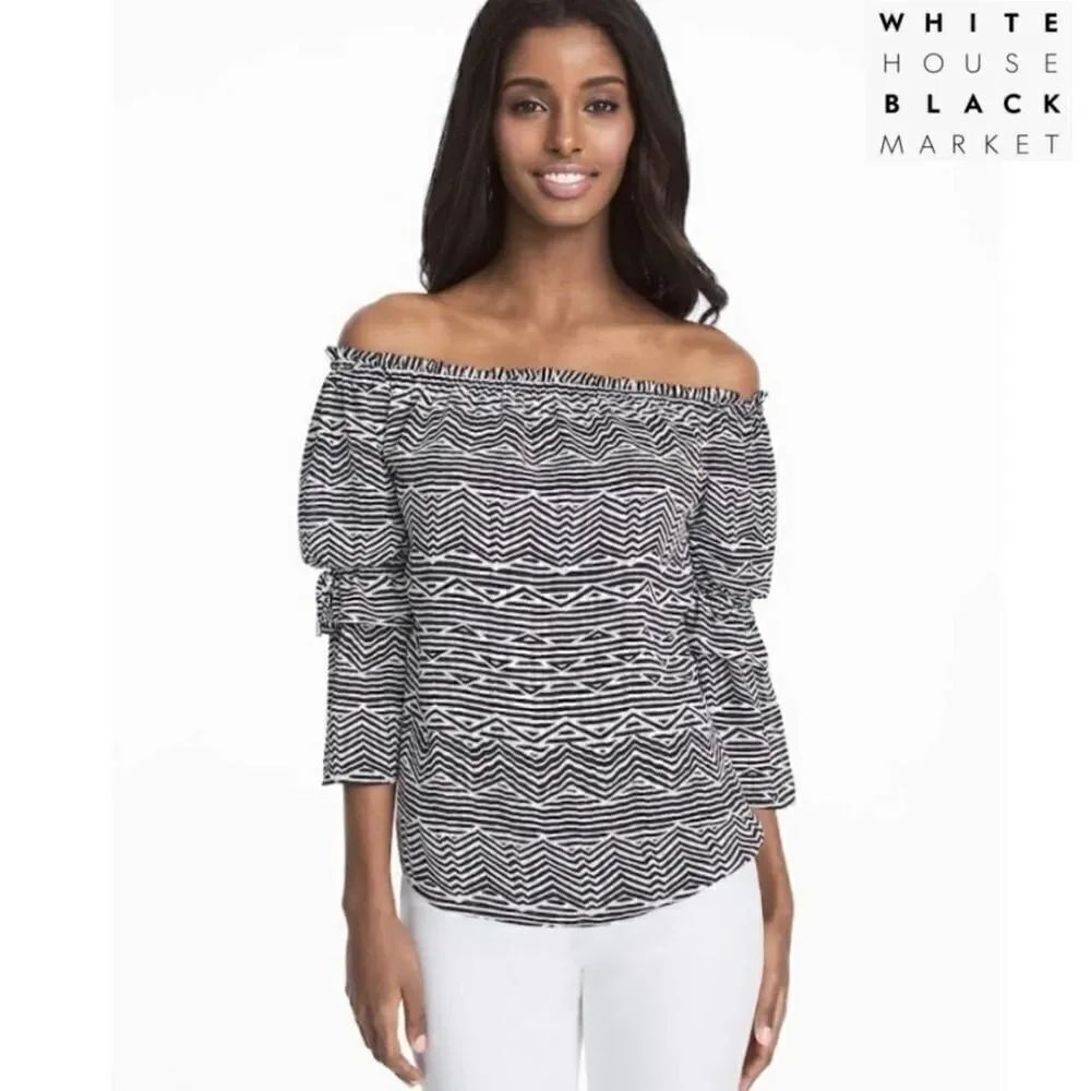 WHBM shadow stripes off shoulder bell sleeve top
